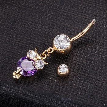 Piercing Jewelry, Brass Cubic Zirconia Navel Ring, Belly Rings, with 304 Stainless Steel Bar, Cadmium Free & Lead Free, Real 18K Gold Plated, Owl, Purple, 40x9mm, Bar Length: 3/8"(10mm), Bar: 14 Gauge(1.6mm)