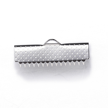 304 Stainless Steel Ribbon Crimp Ends, Rectangle, Stainless Steel Color, 10x25mm, Hole: 3x1.5mm