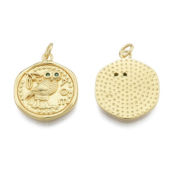 Brass Micro Pave Green Cubic Zirconia Pendants, with Jump Rings, Flat Round with Owl Pattern, Real 18K Gold Plated, 21x18x2.5mm, Hole: 3mm