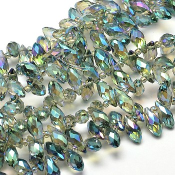 Faceted Teardrop Full Rainbow Plated Electroplate Glass Beads Strands, Top Drilled Beads, Medium Sea Green, 12x6mm, Hole: 1mm, about 100pcs/strand, 15.7 inch