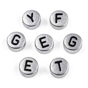 Silver Color Plated Acrylic Horizontal Hole Letter Beads, Flat Round, Random Mixed Letters, 7x3.5mm, Hole: 1.2mm, about 3600pcs/500g
