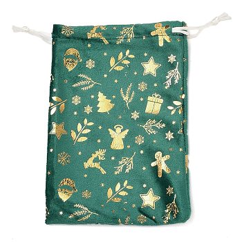 Gold Stamping Christmas Velvet Storage Bags, Drawstring Bags, Rectangle, Green, Mixed Shapes, 18x13x0.01cm