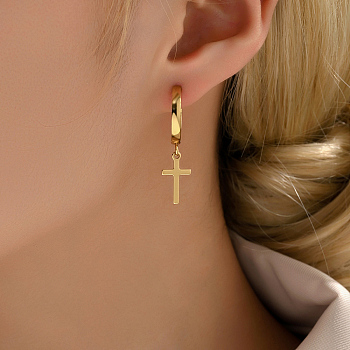 Elegant Cross Charm Stainless Steel Dangle Hoop Earrings for Women, Golden