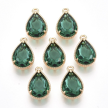 Transparent Glass Pendants, with Golden Tone Brass Findings, Faceted, Teardrop, Sea Green, 19x12x8.5mm, Hole: 1.5mm