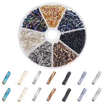 Elite 2100Pcs 7 Style Glass Twisted Bugle Beads, Metallic Colours, Mixed Color, 9x2mm, Hole: 0.5mm, about 180Pcs/style