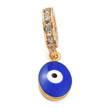 Brass Micro Pave Clear Cubic Zirconia European Dangle Charms, with Enamel, Long-Lasting Plated, Flat Round with Evil Eye, Golden, Blue, 20mm,  Flat Round: 11x6.5x3mm, Hole: 5mm