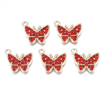 Alloy Pendants, with Rhinestone, Cadmium Free & Nickel Free & Lead Free, Light Gold, Butterfly, Hyacinth, 15x17x3mm, Hole: 1.6mm