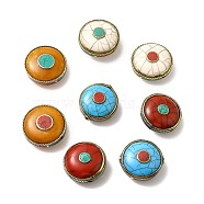 Brass Beeswax Beads, with Synthetic Turquoise, Flat Round, Antique Golden, 28~29.5x12.5~15mm, Hole: 1.8mm(KK-H437-08AG)