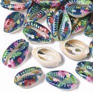 Printed Natural Cowrie Shell Beads, No Hole/Undrilled, with Flower Pattern, Green, 18~21x12~15x7mm(X-SSHEL-R047-01-C02)