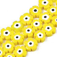 Handmade Lampwork Beads Strands, Flower with Evil Eye, Yellow, 10~13x10~13x3~4.5mm, Hole: 0.9mm, about 36~37pcs/strand, 15.35 inch~15.94 inch(39~40.5cm)(LAMP-N023-002B-05)