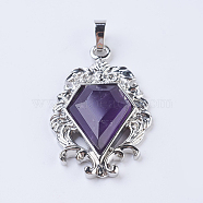 Natural Amethyst Pendants, with Brass Findings, Flower with Diamond Shape, Platinum, 41.5x26x7.5~8mm, Hole: 5x7.5~8mm(G-P352-A08)