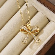 Brass Micro Pave Clear Cubic Zirconia Cable Chain Bowknot Pendant Necklaces for Women, Real 18K Gold Plated, 17.91 inch(455mm)(NJEW-C054-02C-G)