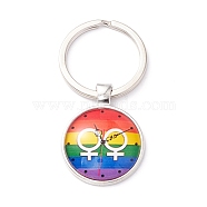Pride Style Glass Keychain, with Platinum Plated Alloy Findings, Flat Round, Gender Symbol, 6.2cm(KEYC-F033-01D)