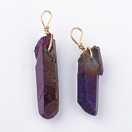 Electroplate Natural Quartz Pendants, with Brass Findings, Purple, 35~50x8~13x6~11mm, Hole: 3mm(G-Q481-74B)