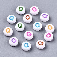 Opaque White Acrylic Beads, Flat Round with Mixed Color Letter, Letter.Q, 7x3.5mm, Hole: 1.2mm, about 4000pcs/500g(MACR-N012-01Q)