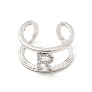 Clear Cubic Zirconia Initial Letter Open Cuff Ring, Platinum Brass Double Line Ring for Women, Lead Free & Cadmium Free, Letter.R, US Size 6(16.5mm)(RJEW-A012-01P-R)