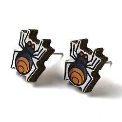 Wood Stud Earrings, with 316 Surgical Stainless Steel Pin, Halloween Theme, Orange, Spider, 15x13mm(EJEW-Z054-02O)