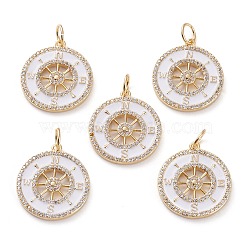 Brass Micro Pave Clear Cubic Zirconia Pendants, with White Enamel & Jump Rings, Flat Round with Compass, Real 18K Gold Plated, 22x20x2mm, Jump Ring: 6x1mm, 4mm Inner Diameter(KK-C100-28G)