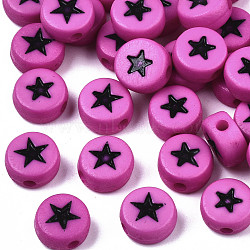 Opaque Acrylic Beads, with Enamel, Flat Round with Star, Magenta, 7x4mm, Hole: 1.5mm(X-MACR-N008-32B)