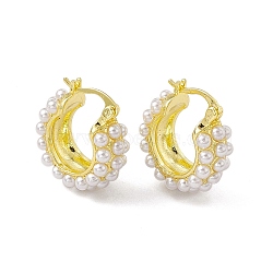 Rack Plating Brass Hoop Earrings for Women, with White Plastic Pearl, Long-Lasting Plated, Lead Free & Cadmium Free, Donut, Real 18K Gold Plated, 22.5x21.5x8.5mm, Pin: 1.3mm(EJEW-M213-28G)