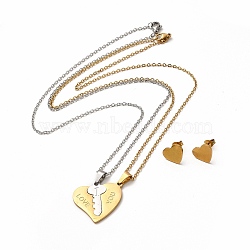 Heart & Key Couple Pendant Necklaces & Stud Earrings, Vacuum Plating 304 Stainless Steel Word I Love You Jewelry Set for Valentine's Day, Golden & Stainless Steel Color, 443mm, 10x12mm, Pin: 0.8mm(SJEW-E045-03GP)