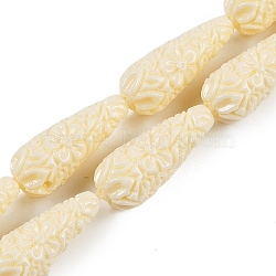 Synthetic Coral Carved Beads Strands, Dyed, Teardrop, Lemon Chiffon, 27x11mm, Hole: 1.4mm, about 13pcs/strand, 14.17 inch(36cm)(CORA-C003-09)