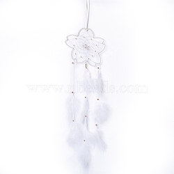 Handmade Flower Woven Net/Web with Feather Wall Hanging Decoration, with Beads & Cotton Thread, for Home Offices Amulet Ornament, WhiteSmoke, 610~670x155mm, Pendant: 530mm long(HJEW-A001-03B)