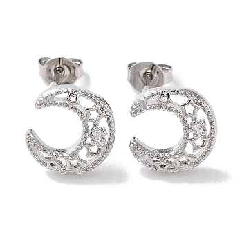 Rack Plated Brass Studs Earring, with Cubic Zirconia, Long-Lasting Plated, Lead Free & Cadmium Free, Moon, Platinum, 11x10.5mm