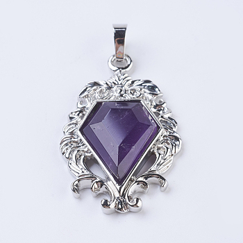 Natural Amethyst Pendants, with Brass Findings, Flower with Diamond Shape, Platinum, 41.5x26x7.5~8mm, Hole: 5x7.5~8mm