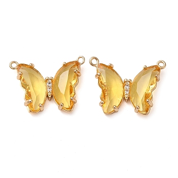 Brass Pave Faceted Glass Connector Charms, Golden Tone Butterfly Links, Gold, 17.5x23x5mm, Hole: 0.9mm
