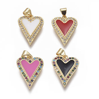 Brass Micro Pave Cubic Zirconia Pendants, with Enamel, Heart, Golden, Mixed Color, 22x16x2mm, Hole: 5x3.5mm