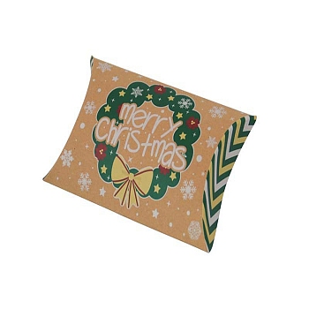 Christmas Theme Cardboard Candy Pillow Boxes, Cartoon Christmas Wreath Candy Snack Gift Box, Green, Fold: 7.3x11.9x2.6cm