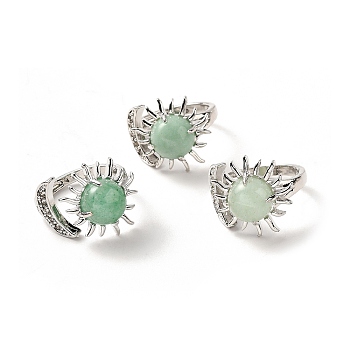 Natural Green Aventurine Sun & Moon Open Cuff Rings, Platinum Brass Jewelry for Women, Lead Free & Cadmium Free, Inner Diameter: 17~18mm