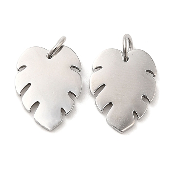 304 Stainless Steel Pendants, with Jump Ring, Monstera Leaf Charm, Stainless Steel Color, 15x11.5x1.4mm, Hole: 3.2mm