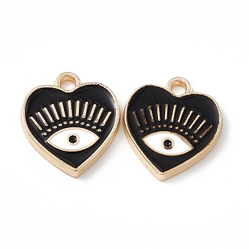 Alloy Enamel Pendants, Golden, Heart with Eye Charm, Black, 14.5x13x1.5mm, Hole: 1.6mm