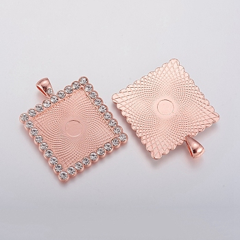 Alloy Pendant Cabochon Settings, Plain Edge Bezel Cups, with Rhinestone, Square, Crystal, Rose Gold, Tray: 25x25mm, 45x34.5x3mm, Hole: 4x6mm