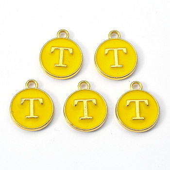 Golden Plated Alloy Enamel Charms, Enamelled Sequins, Flat Round with Letter, Gold, Letter.T, 14x12x2mm, Hole: 1.5mm