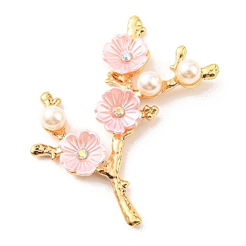 Zinc Alloy Cabochons, with Plastic Imitation Pearls and Rhinestones, Flower Branch, Pink, 53x48.5x7.6mm