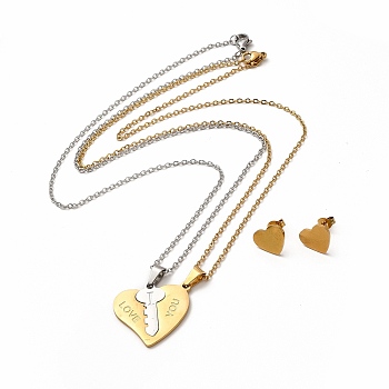 Heart & Key Couple Pendant Necklaces & Stud Earrings, Vacuum Plating 304 Stainless Steel Word I Love You Jewelry Set for Valentine's Day, Golden & Stainless Steel Color, 443mm, 10x12mm, Pin: 0.8mm