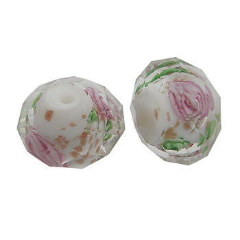 Handmade Gold Sand Lampwork Beads, Inner Flower, Faceted, Rondelle, White, about 10mm in diameter, 8mm thick, hole: 1.5mm