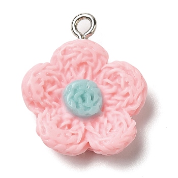 Opaque Resin Pendants, Flower Charms with Platinum Plated Iron Loops, Pink, 20x18x6mm, Hole: 2mm