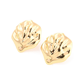 Rack Plating Brass Stud Earring Findings, with Hole, Textured Shell, Real 18K Gold Plated, 20x17.5mm, Hole: 1.2mm, Pin: 0.8mm