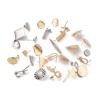 Stainless Steel & Brass Stud Earring Findings, Mixed Shapes, Mixed Style, Mixed Color, 14.5~39x9~29mm, Hole: 0.6mm, Pin: 0.8mm