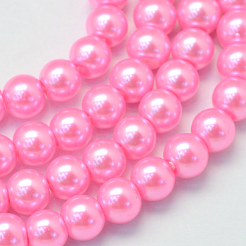 Baking Painted Pearlized Glass Pearl Round Bead Strands, Hot Pink, 8~9mm, Hole: 1mm, about 105pcs/strand, 31.4 inch
