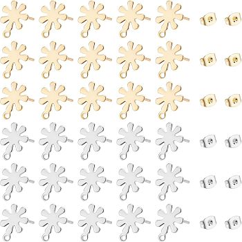 Unicraftale 80Pcs 2 Colors 201 Stainless Steel Stud Earrings Findings with 304 Stainless Steel Pin and Loop, with 80Pcs Stainless Steel Ear Nuts, Flower, Mixed Color, 11.5x9mm, Hole: 1.2mm, Pin: 0.7mm, 40pcs/color