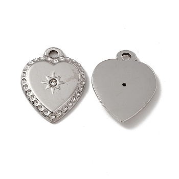 201 Stainless Steel Pendants, Crystal Rhinestone Heart Charms, Stainless Steel Color, 23x18x3mm, Hole: 2mm