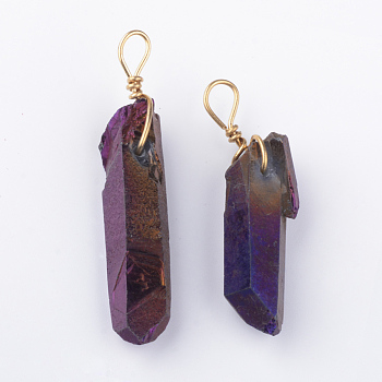 Electroplate Natural Quartz Pendants, with Brass Findings, Purple, 35~50x8~13x6~11mm, Hole: 3mm