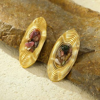 Oval Stainless Steel Stud Earrings, Real 18K Gold Plated, with Natural Quartz Crystal, 36x18mm