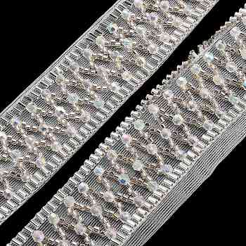 Polyester Lace Trims, with ABS Imitation Pearl Beads and Glass, Floral White, 1-1/8 inch(29mm)