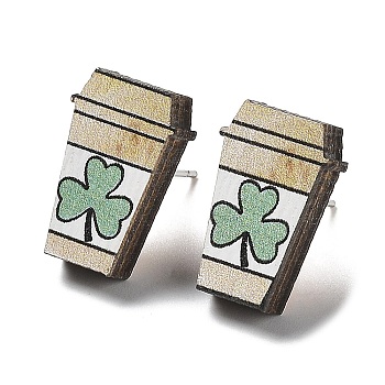 Printing Wood Stud Earrings for Women, with 316 Stainless Steel Pins, Coffee Cup with Clover Pattern, Light Green, 17x11mm